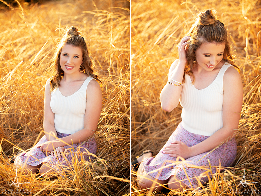Nature and urban senior photos in Vancouver Washington and Ridgefield Washington in a field during golden hour