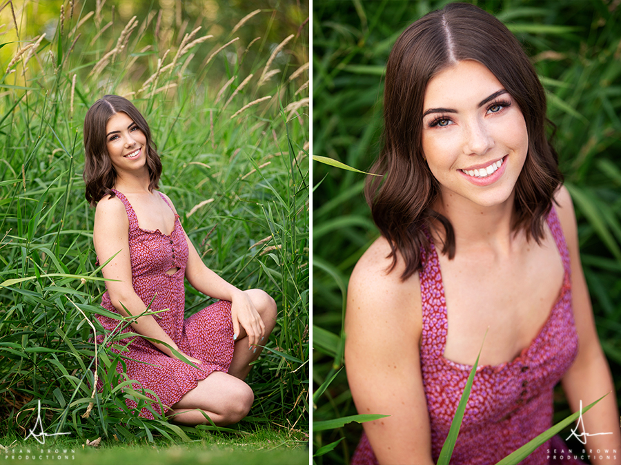 Nature and urban senior photos in Vancouver Washington in a grass field