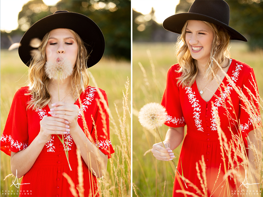 Nature and urban senior photos in Vancouver Washington in a field during golden hour
