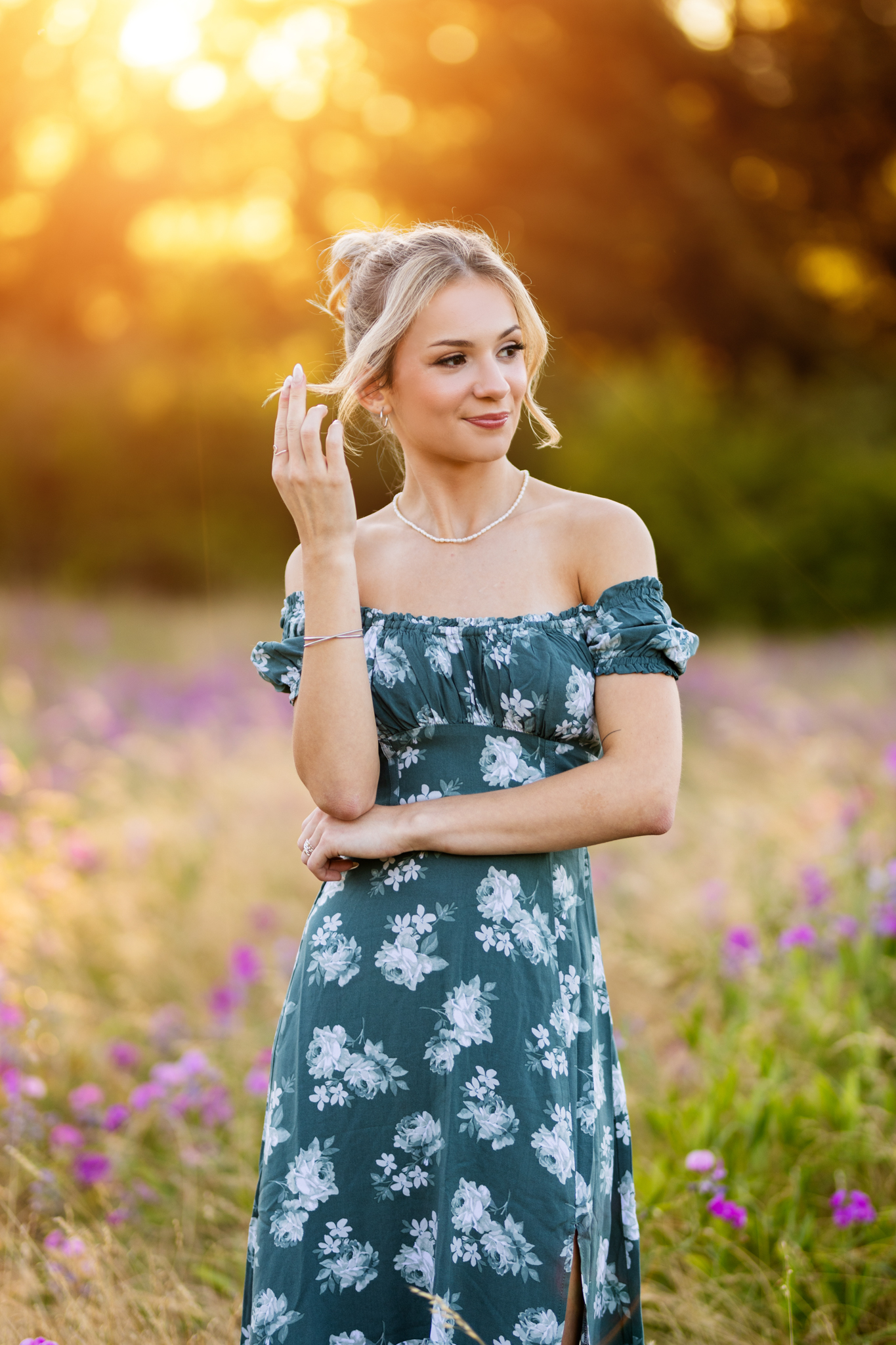 Girl in a field of purple flowers outside of Portland Oregon