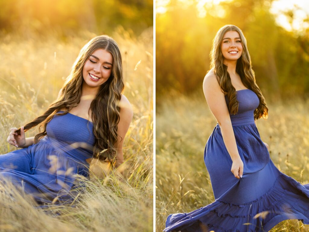 Girl senior photos in West Linn and Lake Oswego in the summer in a tall grassy field during golden hour. She is wearing a blue dress