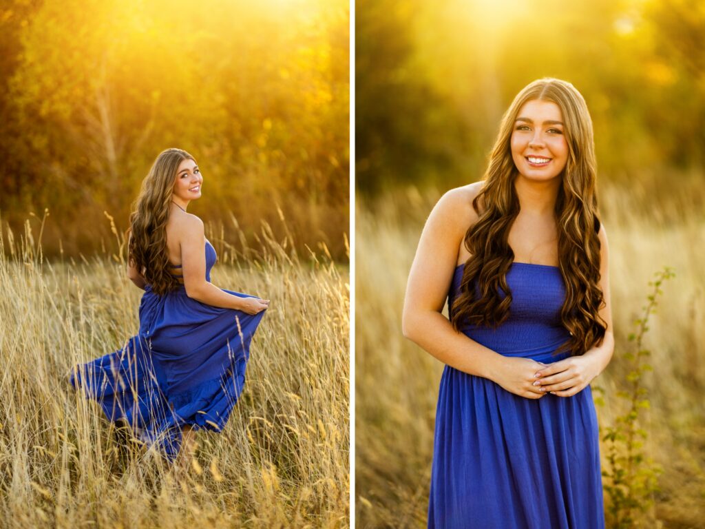Girl senior photos in West Linn and Lake Oswego in the summer in a tall grassy field during golden hour. She is wearing a blue dress
