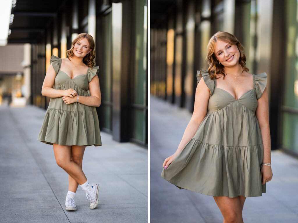 Girl senior photos in Vancouver Washington Lake Oswego, West Linn Oregon and Portland Oregon in the summer in an urban setting wearing a dress in a city setting during sunset hours