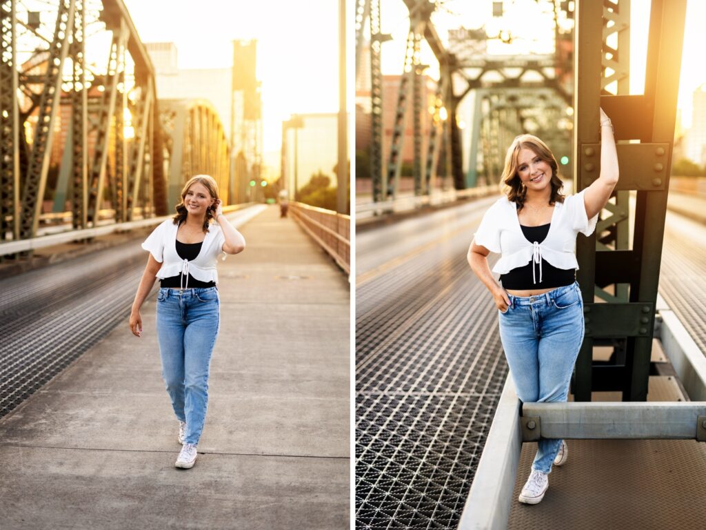 Girl senior photos in Vancouver Washington Lake Oswego, West Linn Oregon and Portland Oregon in the summer in an urban setting wearing a casual outfit with jeans walking across the bridge with the city in the background