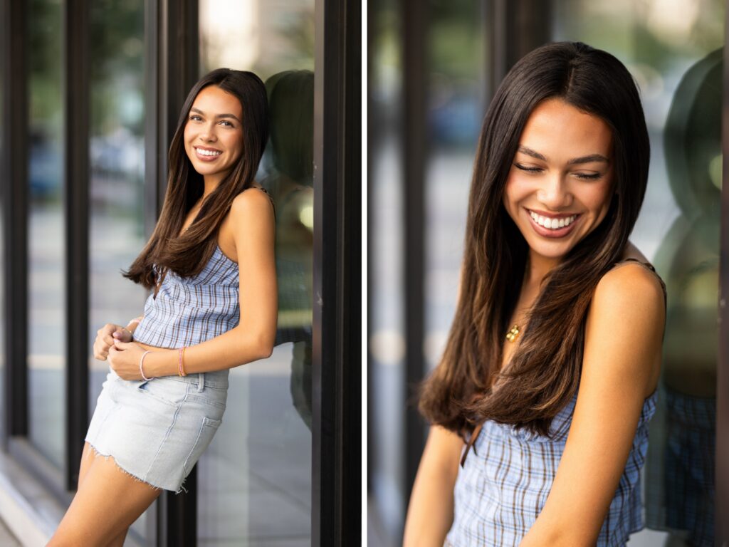 Girl senior photos in downtown Portland Oregon in the city in the summer in a casual jeans outfit in an urban environment
