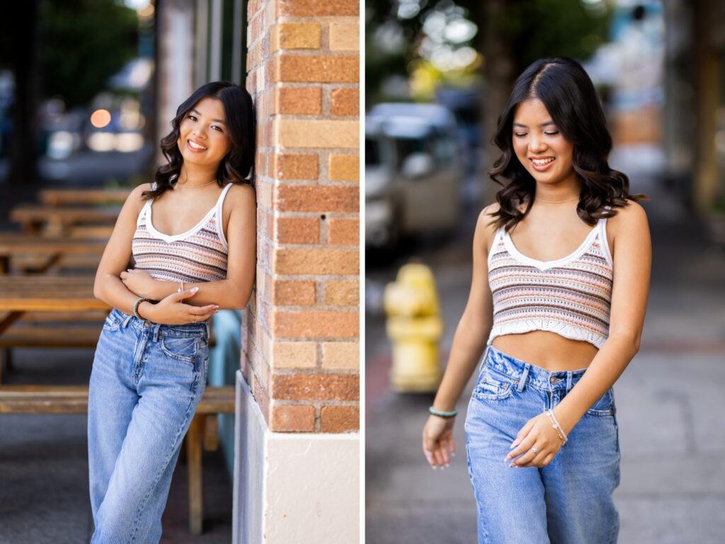 Senior photos in Vancouver Washington Lake Oswego, West Linn Oregon and Portland Oregon in the summer with a girl in a crochet knit top sitting on a picnic table in an urban setting
